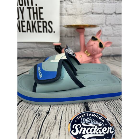 Coach Leather Sport Slides Mens 7 Blue Color block Summer Sandals Slip NEW $190 - Picture 3 of 8